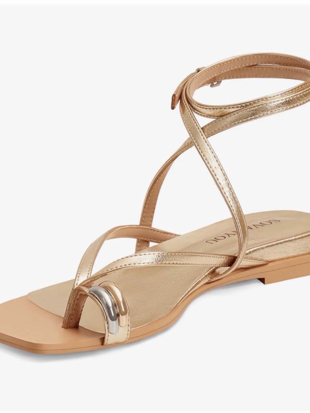 Metallic Gold Strappy Flat Sandal with Ankle Wrap